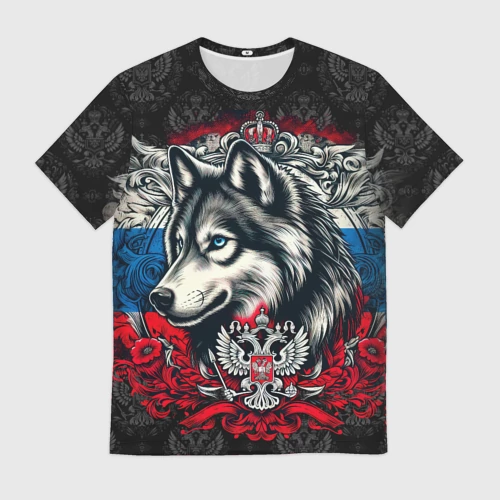 Мужская футболка 3D с принтом Русский волк и герб   России, вид спереди #2