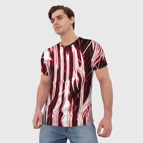 Мужская футболка 3D Красные неоновые полосы на чёрном фоне, цвет 3D печать - фото 3