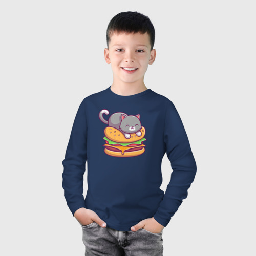 Детский лонгслив хлопок с принтом Котик и чизбургер, фото на моделе #1