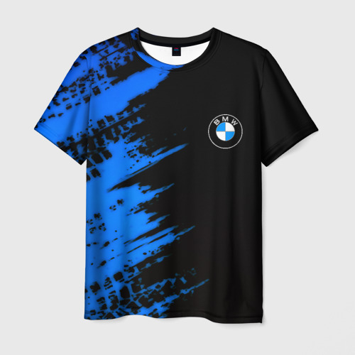 Мужская футболка с принтом BMW краски синие, вид спереди №1