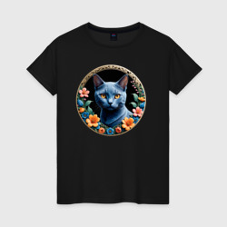 Женская футболка хлопок Русская голубая кошка в цветах