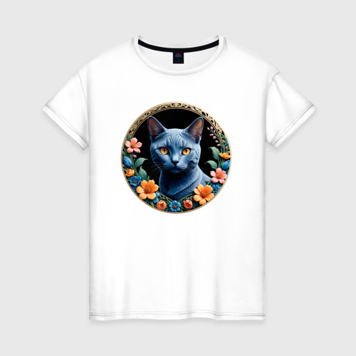 Женская футболка из хлопка с принтом Русская голубая кошка в цветах, вид спереди №1