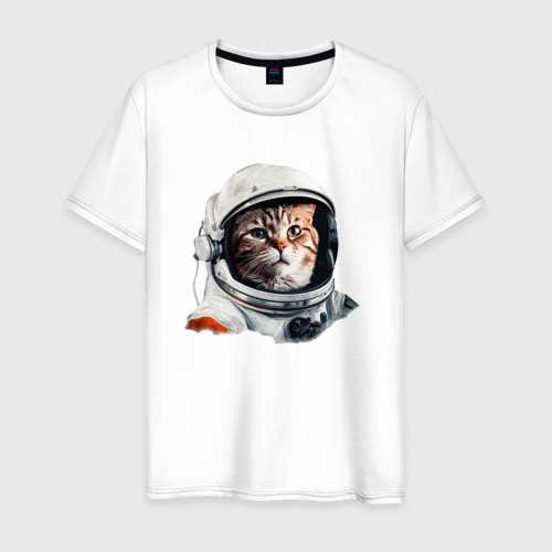 Мужская футболка из хлопка с принтом Кот космонавт в шлеме и скафандре, вид спереди №1