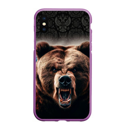 Чехол для iPhone XS Max матовый Агрессивный медведь на фоне флага России