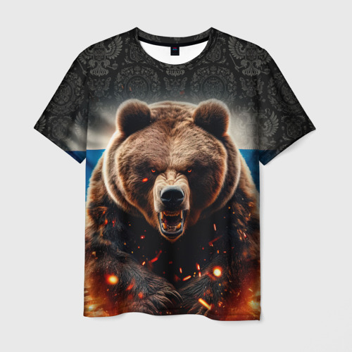 Мужская футболка с принтом Русский медведь на фоне флага и огня, вид спереди №1