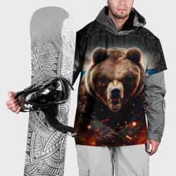 Накидка на куртку 3D Русский медведь на фоне флага и огня