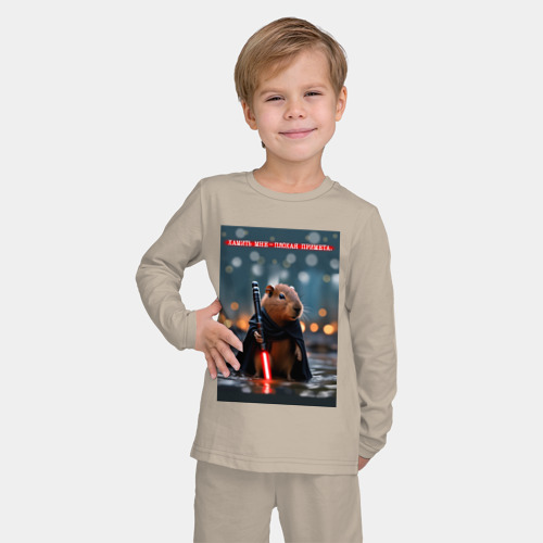 Детская пижама с лонгсливом хлопок с принтом Капибара с мечом и надпись: хамить плохая примета, фото на моделе #1
