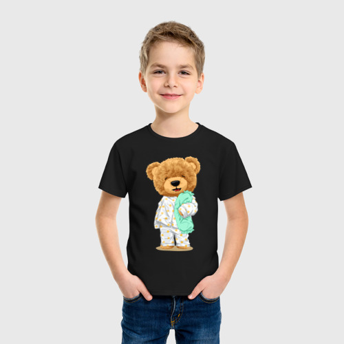 Детская футболка хлопок с принтом Плюшевый медвежонок сонный, фото на моделе #1