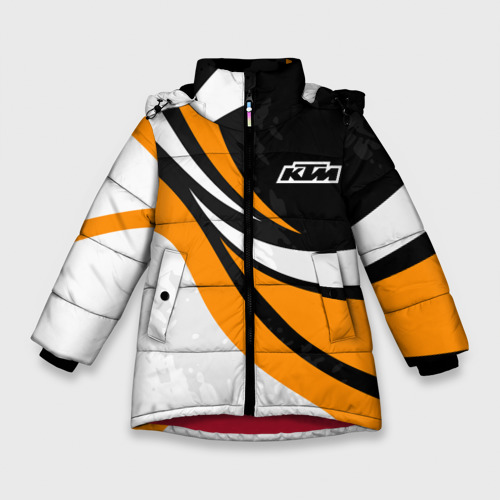 Зимняя куртка для девочек 3D с принтом КТМ - оранжевые вставки, вид спереди #2