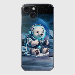 Чехол для iPhone 15 силиконовый с защитой камеры Белый медвежонок кибер геймер