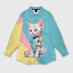 Женская рубашка oversize 3D Кибер котёнок с мячиком - милашка