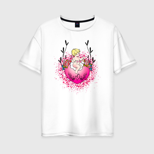 Женская футболка из хлопка оверсайз с принтом Милый ангел на сердце купидон, вид спереди №1