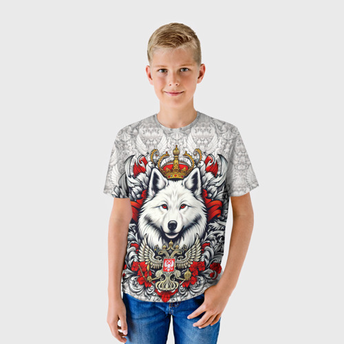 Детская футболка 3D Русский белый волк и герб России, цвет 3D печать - фото 3