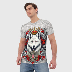 Футболка с принтом Русский белый волк и герб России для мужчины, вид на модели спереди №2. Цвет основы: белый