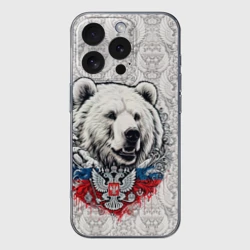 Чехол для iPhone 16 Pro Max силиконовый с защитой камеры Белый медведь и белый  герб России