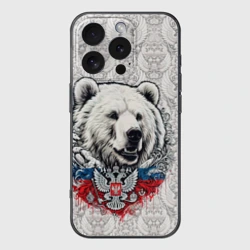 Чехол для iPhone 16 Pro силиконовый с защитой камеры Белый медведь и белый герб России