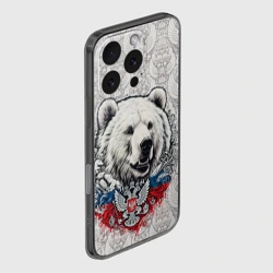 Чехол для iPhone 16 Pro силиконовый с защитой камеры Белый медведь и белый герб России - фото 2