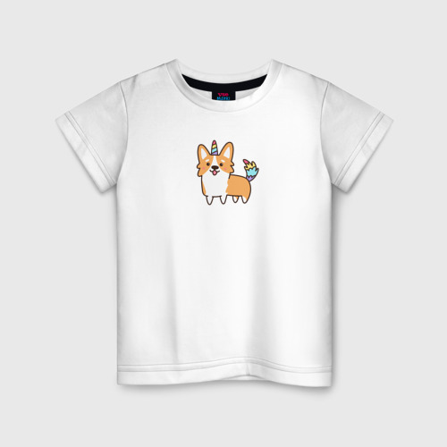 Детская футболка из хлопка с принтом Милая собачка корги единорог, вид спереди №1