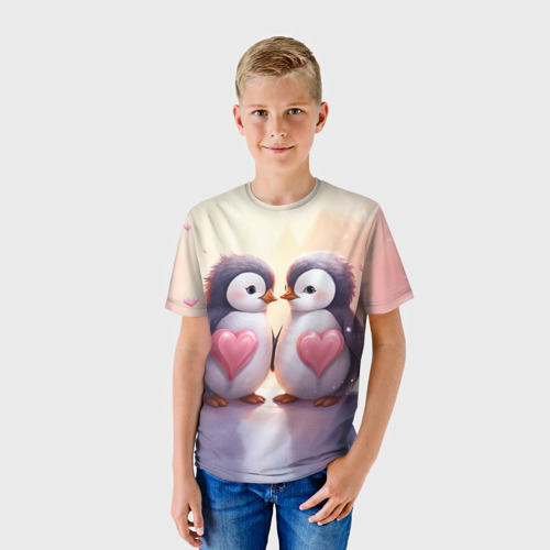 Детская футболка 3D с принтом Два влюбленных пингвина, фото на моделе #1