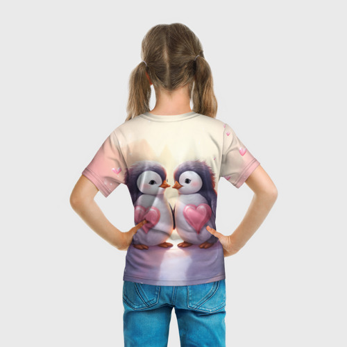 Детская футболка 3D с принтом Два влюбленных пингвина, вид сзади #2