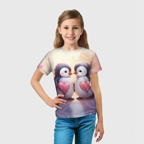 Детская футболка 3D с принтом Два влюбленных пингвина, вид сбоку #3