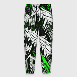 Мужские брюки 3D Белые шипы и зелёные полосы на чёрном фоне