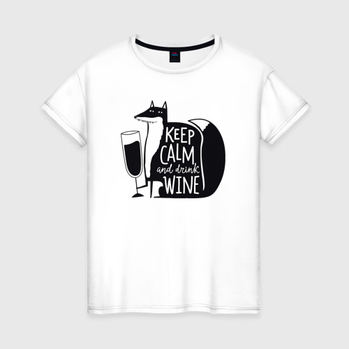 Женская футболка из хлопка с принтом Лисичка с вином, вид спереди №1