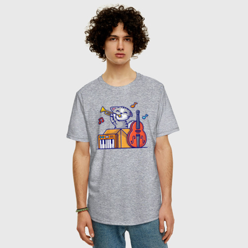 Мужская футболка хлопок Oversize с принтом Джазовый котик, фото на моделе #1