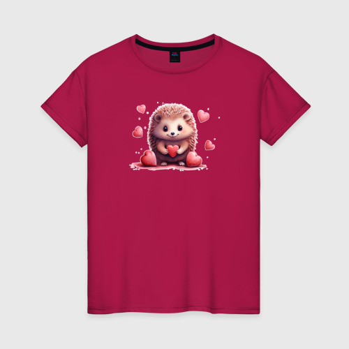 Женская футболка хлопок с принтом Влюбленный ёж с сердечками, вид спереди #2