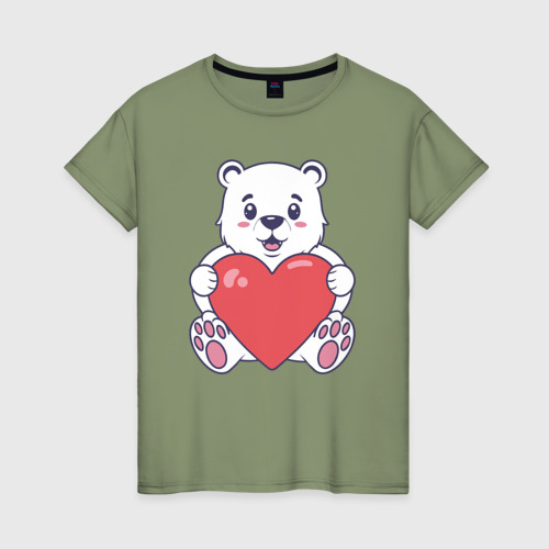 Женская футболка хлопок Белый медведь с сердцем, цвет авокадо