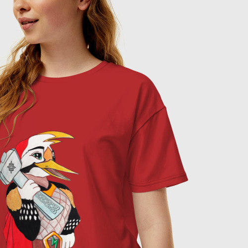 Женская футболка хлопок Oversize Дятел в плаще с молотом, цвет красный - фото 3