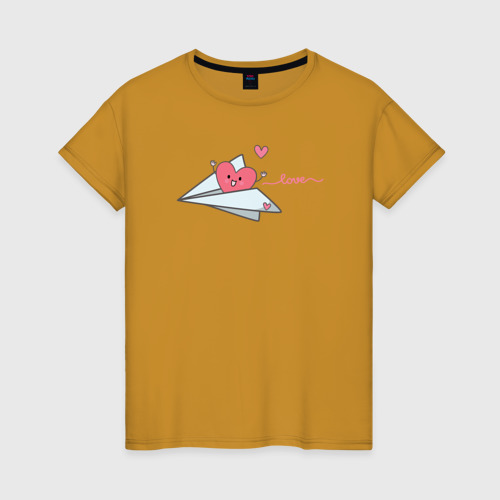 Женская футболка хлопок Сердце в самолетике, цвет горчичный