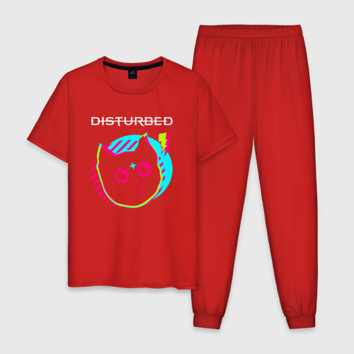 Мужская пижама хлопок Disturbed rock star cat, цвет красный