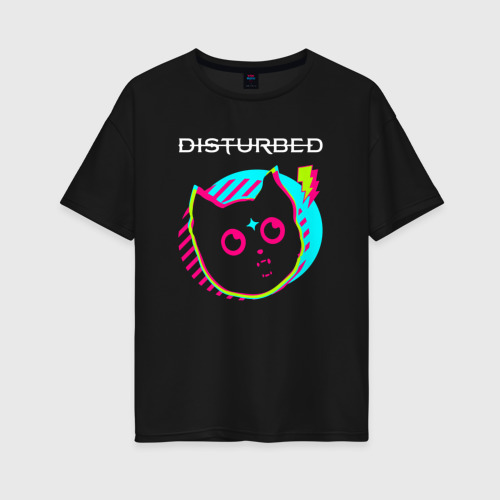 Женская футболка хлопок Oversize Disturbed rock star cat, цвет черный