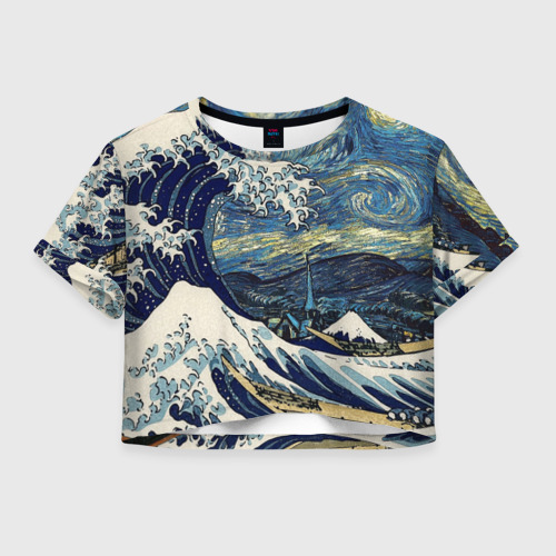 Женская футболка Crop-top 3D Большая волна в Канагаве - Ван Гог, цвет 3D печать