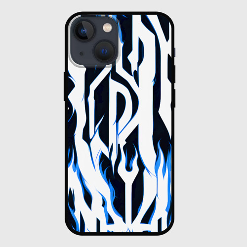 Чехол для iPhone 13 mini с принтом Белые полосы и синее пламя, вид спереди #2