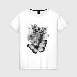 Монохромные бабочки и разные цветы – Женская футболка хлопок с принтом купить со скидкой в -20%