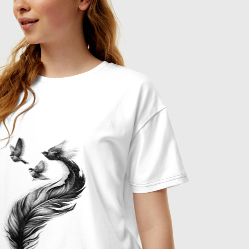 Женская футболка хлопок Oversize Большое перо и три птицы , цвет белый - фото 3