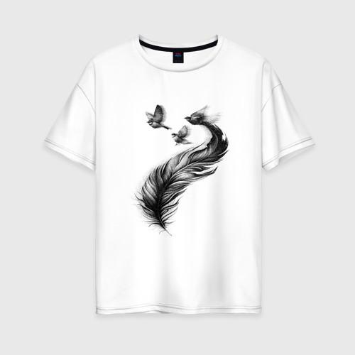 Женская футболка хлопок Oversize Большое перо и три птицы , цвет белый