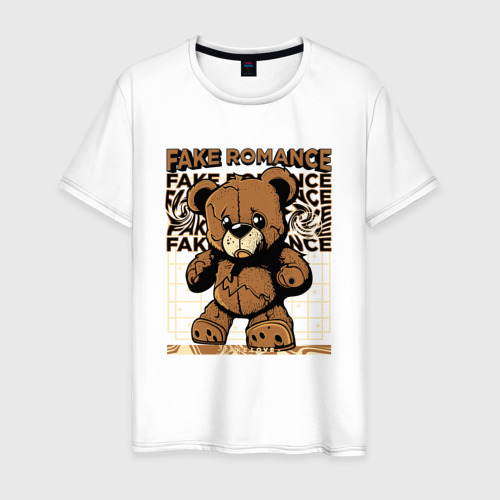 Мужская футболка из хлопка с принтом Плюшевый медвежонок грустный, вид спереди №1