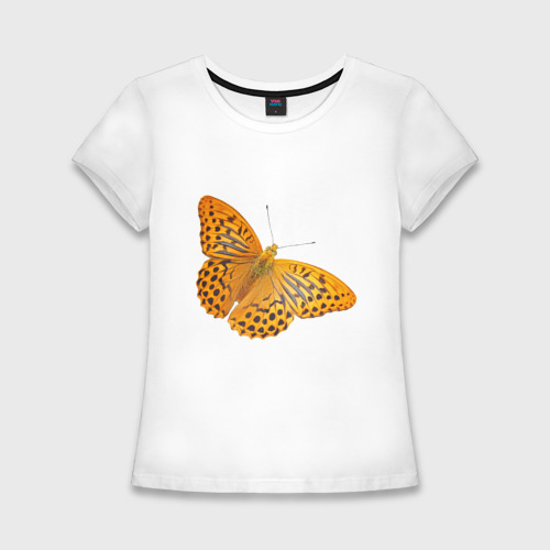 Женская приталенная футболка из хлопка с принтом Оранжевая бабочка в черную полоску с пятнышками, вид спереди №1