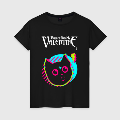 Женская футболка хлопок Bullet For My Valentine rock star cat, цвет черный