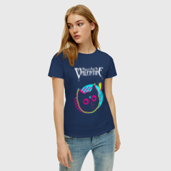 Футболка с принтом Bullet For My Valentine rock star cat для женщины, вид на модели спереди №2. Цвет основы: темно-синий