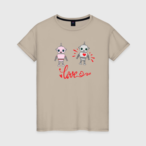 Женская футболка хлопок Влюбленный робот, цвет миндальный