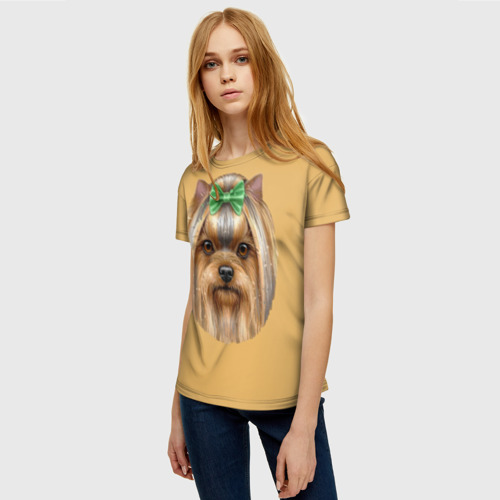 Женская футболка 3D с принтом Йоркширский терьер с бантиком, фото на моделе #1