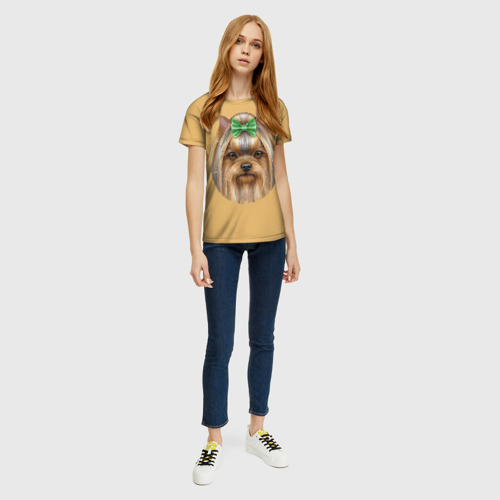 Женская футболка 3D с принтом Йоркширский терьер с бантиком, вид сбоку #3