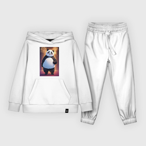 Детский костюм с толстовкой хлопок с принтом Панда в свитере под салютом - ai art, вид спереди #2