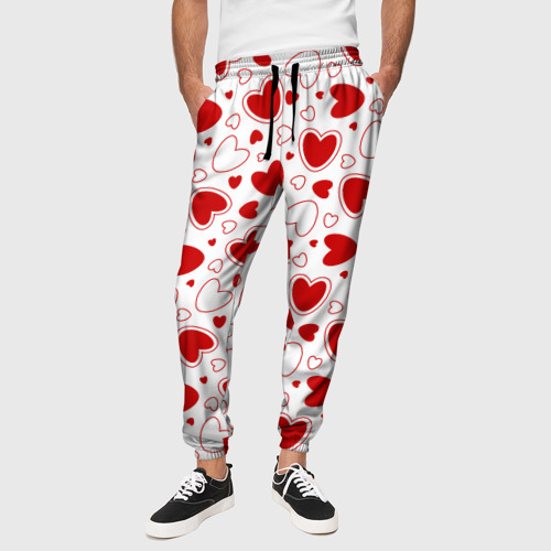Мужские брюки 3D Красные сердечки на белом фоне, цвет 3D печать - фото 4