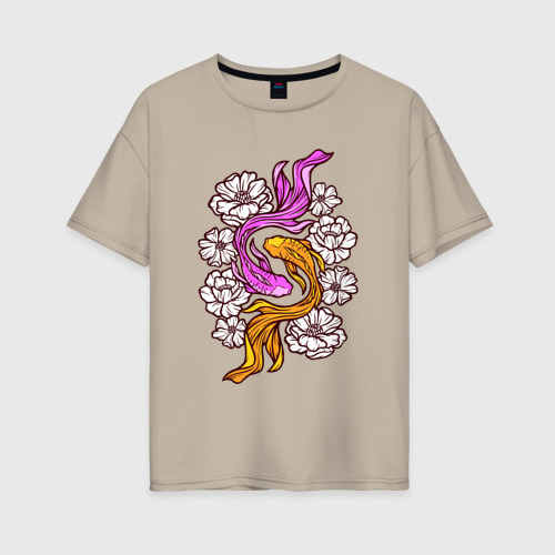 Женская футболка хлопок Oversize с принтом Рыбки и цветы, вид спереди #2