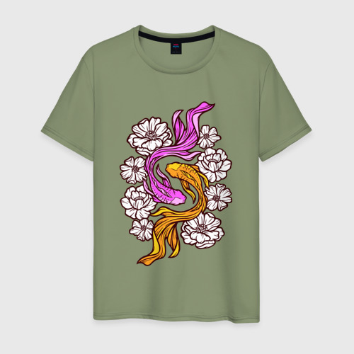 Мужская футболка хлопок Рыбки и цветы, цвет авокадо